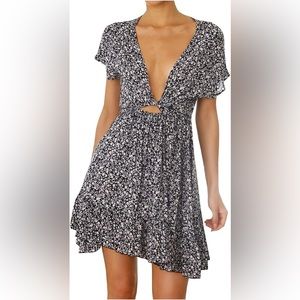 Black Floral Print Tie Front Mini Dress